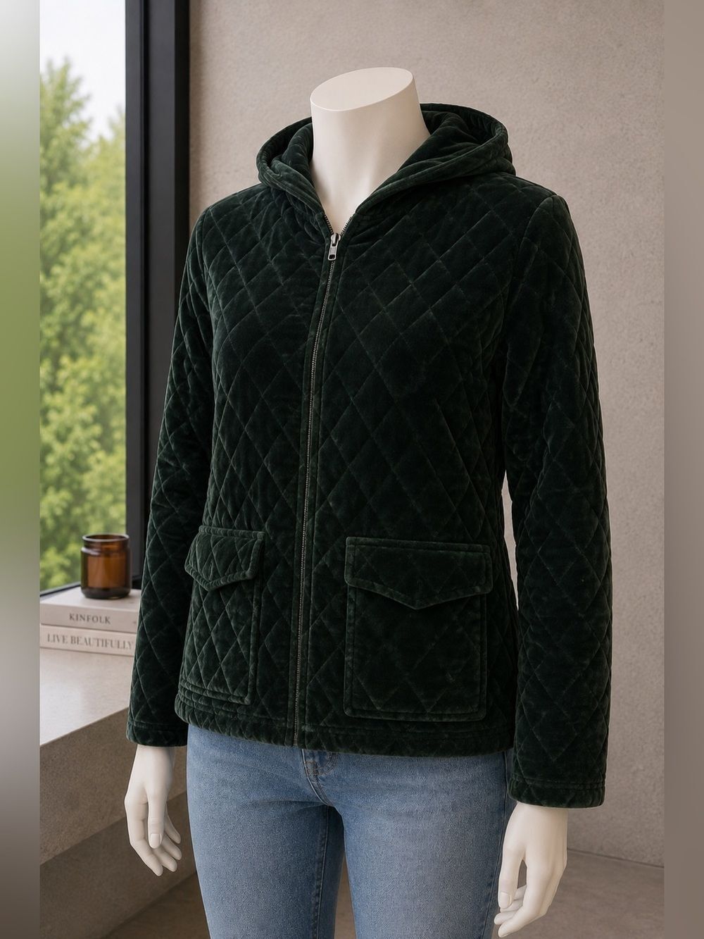 Jones New York Sport Quilted Velour Hooded Jacket Size S
